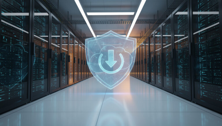 Backup Strategie: Rechenzentrum mit Schutzschild und Cloud-Backup-Symbol