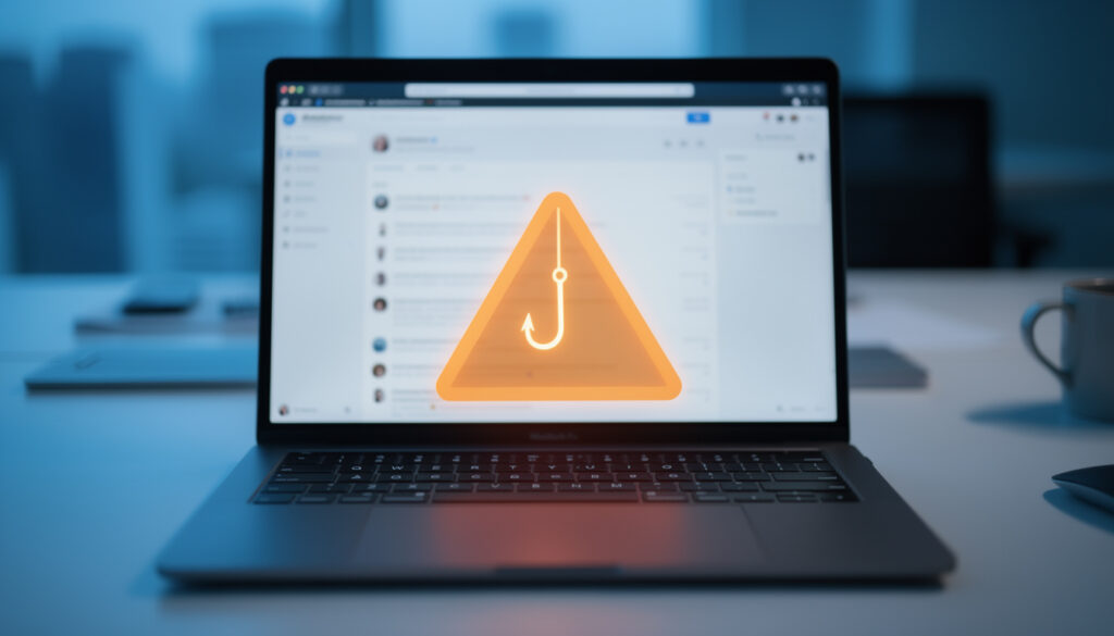 Phishing Mail erkennen: Laptop mit E-Mail-Postfach und Warnsymbol