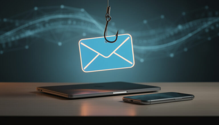 Phishing Mail: E-Mail-Symbol an einem Angelhaken über Laptop und Smartphone